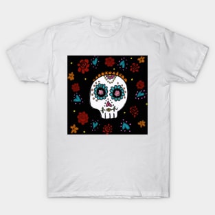 Sugar Skull and Roses black background T-Shirt